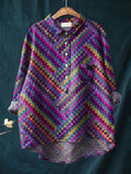 Colorful Knit Stitch Pattern Printed Women’s Casual Cotton And Linen Shirt Multicolor / S