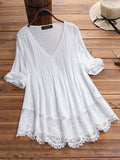 Women’s Jacquard Pleats And Lace Hollow V-Neck Shirt White / S