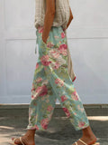 Women’s Vintage Floral Art Printed 100% Cotton Casual Pants Multicolor / S