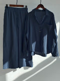 Women’s Solid Color Loose Elegant High Waist Casual Cotton And Linen Suit Navy / S