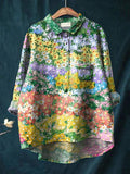 Blooming Summer Floral Field Pattern Printed Women’s Casual Cotton And Linen Shirt Multicolor / S