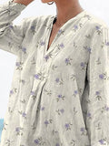 Sweet Petite Blue Floral Pattern Printed Women’s Casual Linen V-Neck Shirt