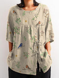 Boughs And Robin Birds Pattern Printed Women’s Casual Cotton Linen Shirt Sand / S