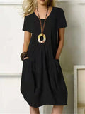 Women’s Solid Color Loose Elegant Casual Cotton And Linen Dress Black / S