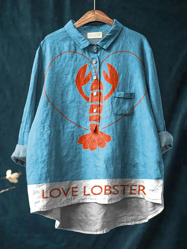 Women’s Love Lobster Print Casual Cotton And Linen Shirt Multicolor / S