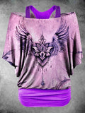 Women's Pink Purple Angel Wings Totem Two-piece T-shirt Leggings Suit