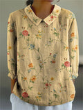 Women’s Vintage Floral Art Print Casual Cotton And Linen 3/4 Sleeve Shirt Multicolor / S