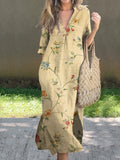 Women’s Retro Elegant Floral Art Print V-Neck Linen Pocket Dress Multicolor / S