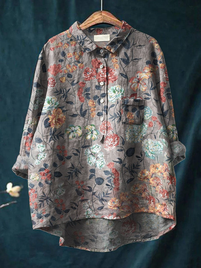 Women’s Floral Art Print Casual Cotton And Linen Shirt Multicolor / S