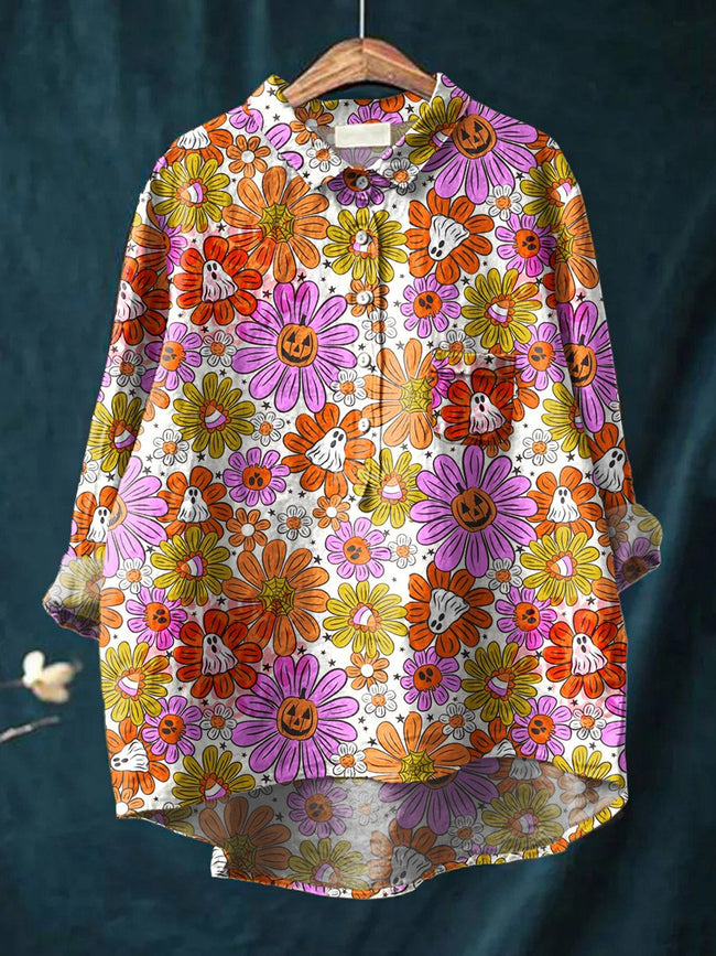 Women’s Funny Ghost Floral Art Print Casual Cotton And Linen Shirt Multicolor / S