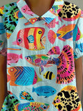 Cartoon Tropical Fish Pattern Printed Women’s Casual Cotton And Linen Shirt