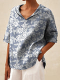 Women’s Silhouette White Floral Print On Blue Casual Linen V-Neck Shirt Multicolor / S