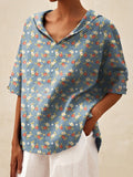 Women’s Floral Art Print Casual Linen V-Neck Shirt