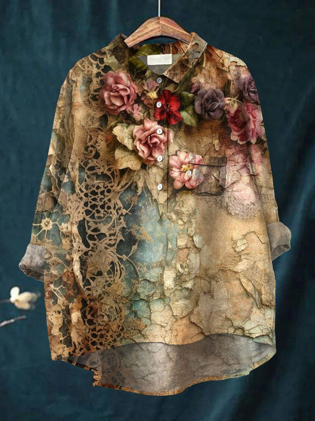 Women’s Vintage Flower Art Print Casual Cotton And Linen Shirt Multicolor / S