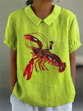 Funny Lobster And Cowboy Graphic Printed Women’s Casual Cotton Linen Shirt Multicolor / S