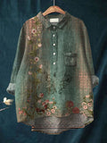 Women’s Vinatge Art Flower Print Casual Cotton And Linen Shirt Multicolor / S