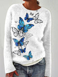 Illustration Art Butterfly Print Casual Knit Pullover Sweater