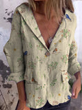 Boughs And Robin Birds Pattern Printed Women’s Linen Cotton Pocket Coat Sand / S