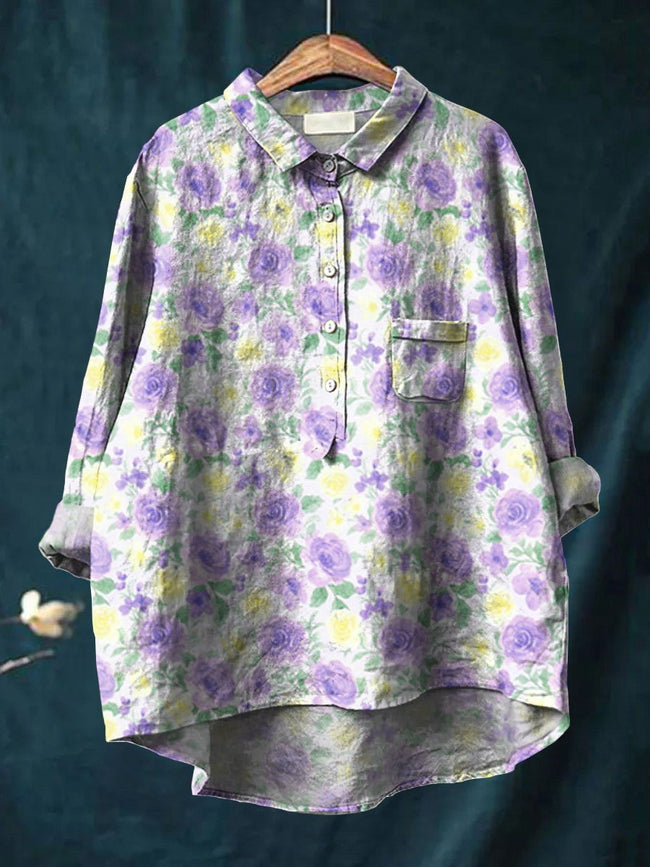 Women’s Purple Flower Art Print Casual Cotton And Linen Shirt Multicolor / S