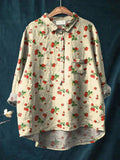 Vintage Lovely Strawberry Art Print Casual Cotton And Linen Shirt Multicolor / S