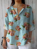 Women’s Retro Art Peach Print Casual Cotton And Linen Shirt Blue / S