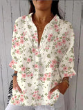 Women’s Pink Floral Print Casual Linen V-Neck Shirt Multicolor / S