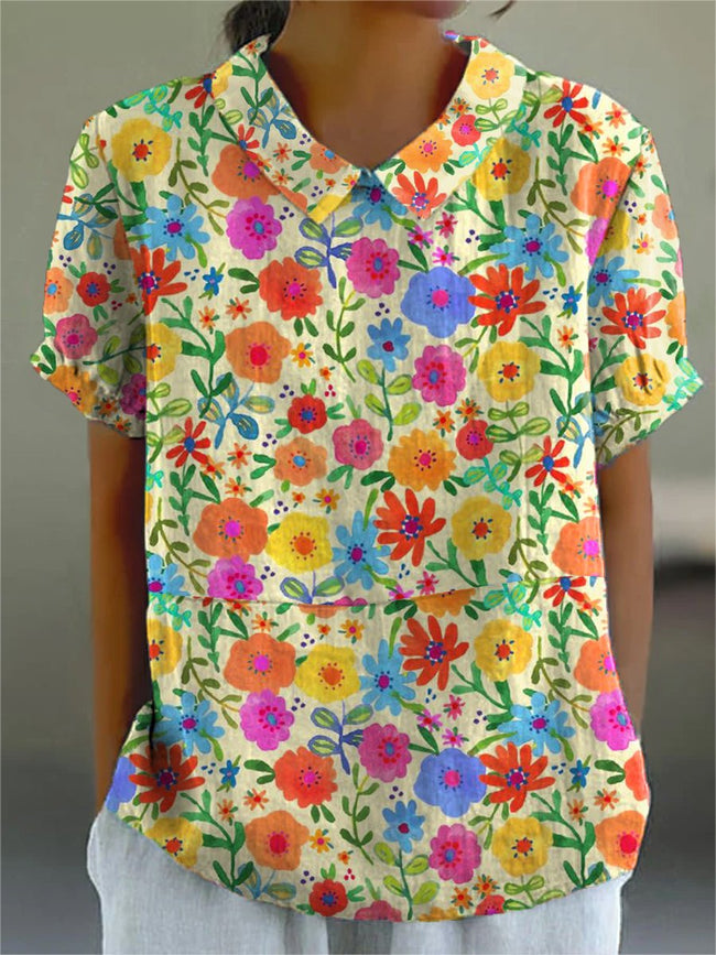 Women’s Colorful Floral Print Casual Cotton And Linen Shirt Multicolor / S