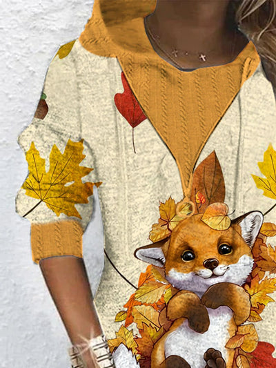 Women's Maple Leaf Cute Plush Fox Print Maxi Dress