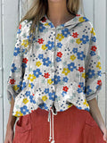 Retro Sweet Floral Pattern Printed Women’s Hooded Drawstring Linen Casual Blouse Multicolor / S