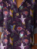 Midnight Hummingbird Pattern Printed Women’s Casual Cotton Linen Shirt