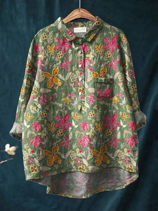 Women’s Floral Art Print Casual Cotton And Linen Shirt Multicolor / S