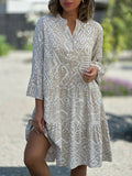 V-Neck Flare Sleeve Pattern Print Summer Dress Almond / S