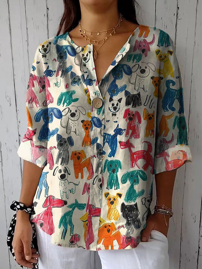 Women’s Cute Kid Drawing Dog Print Casual Cotton Linen Shirt Multicolor / S