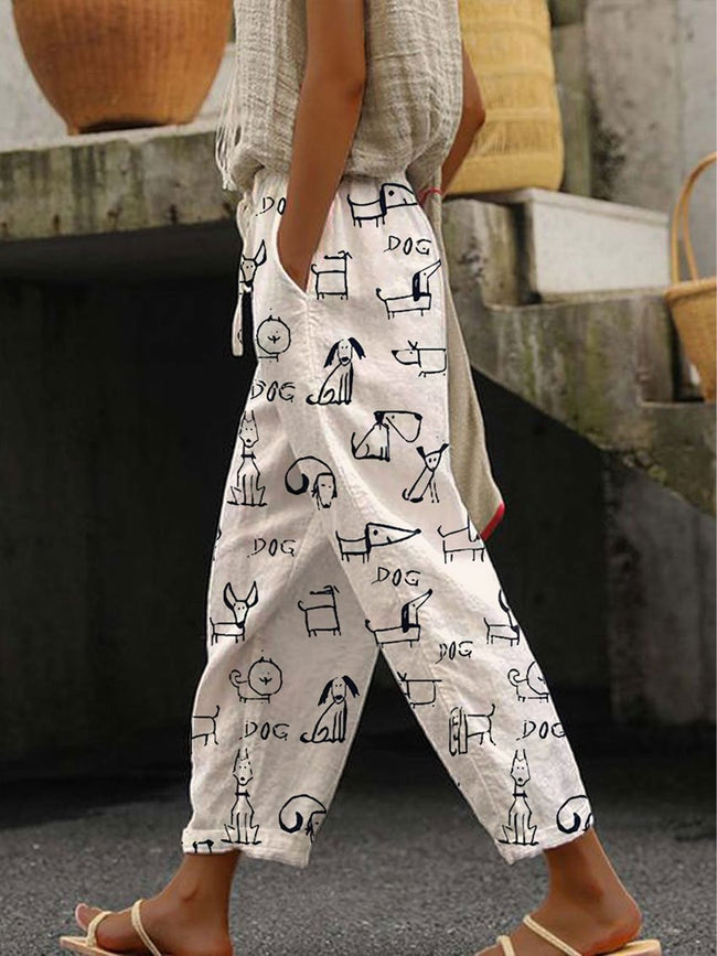 Women’s Cute Dog Printed 100% Cotton Casual Pants Multicolor / S