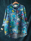 Vintage Lovely Stars Art Print Casual Cotton And Linen Shirt Multicolor / S