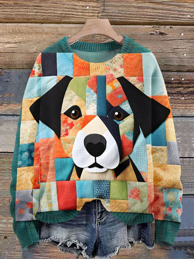 Vintage Dog Art Patchwork Print Knit Pullover Sweater