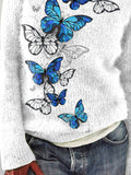 Illustration Art Butterfly Print Casual Knit Pullover Sweater