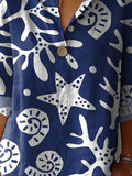 Coral And Sea Shell Pattern Printed Women’s Casual Cotton Linen Shirt