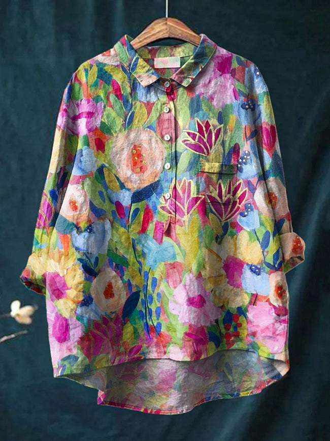 Women’s Colorful Flower Print Casual Cotton And Linen Shirt Multicolor / S