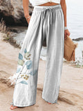 Watercolor Spring Bough Printed Women’s Cotton And Linen Casual Pants White / S