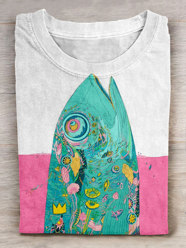 Fish Art Print Casaul Short Sleeve T-Shirt Multicolor / S