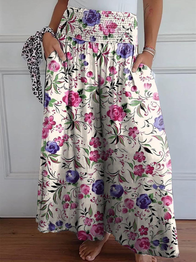 Women’s Pastoral Blue And Purple Floral Print Cotton Wide Leg Pants Multicolor / S