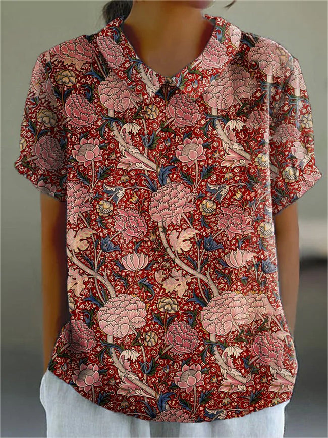 Women's Flower Art Print Casual Cotton And Linen Shirt