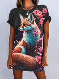 Women's Fox Floral Art Design T-Shirt Dress