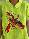 Funny Lobster And Cowboy Graphic Printed Women’s Casual Cotton Linen Shirt