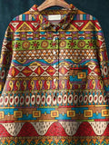 Tribal Style Geometric Pattern Printed Women’s Casual Cotton And Linen Shirt