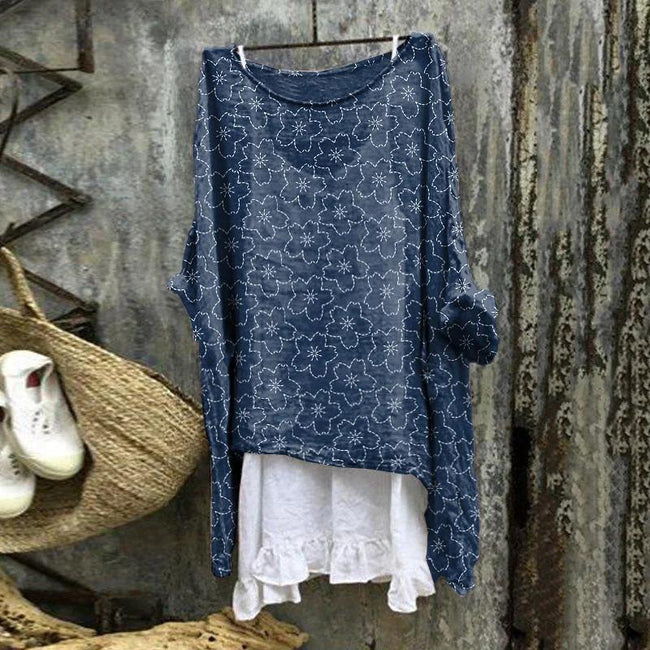 Women’s Vintage Art Print Casual Cotton And Linen Shirt Blue / S