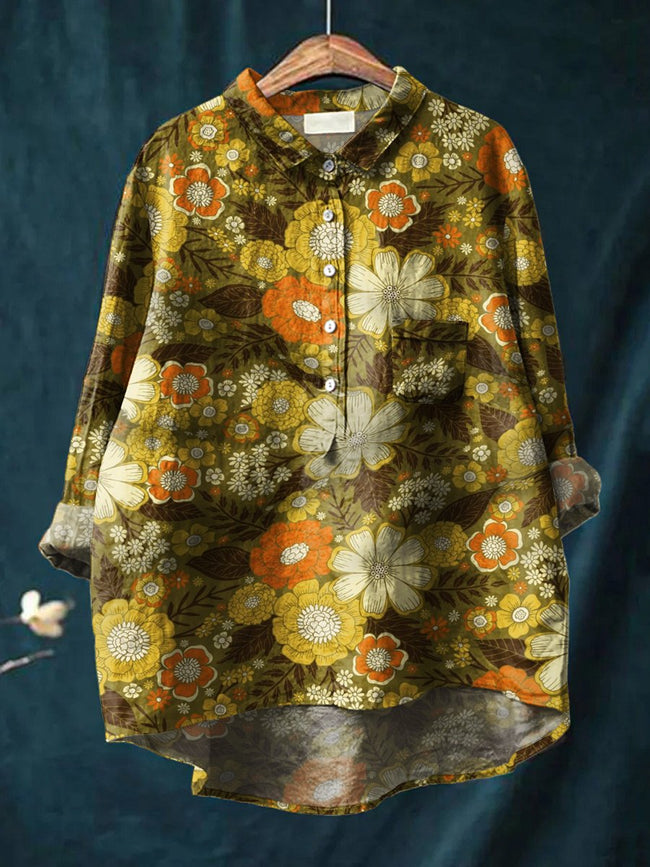 Women’s Hippie Floral Art Print Casual Cotton And Linen Shirt Multicolor / S