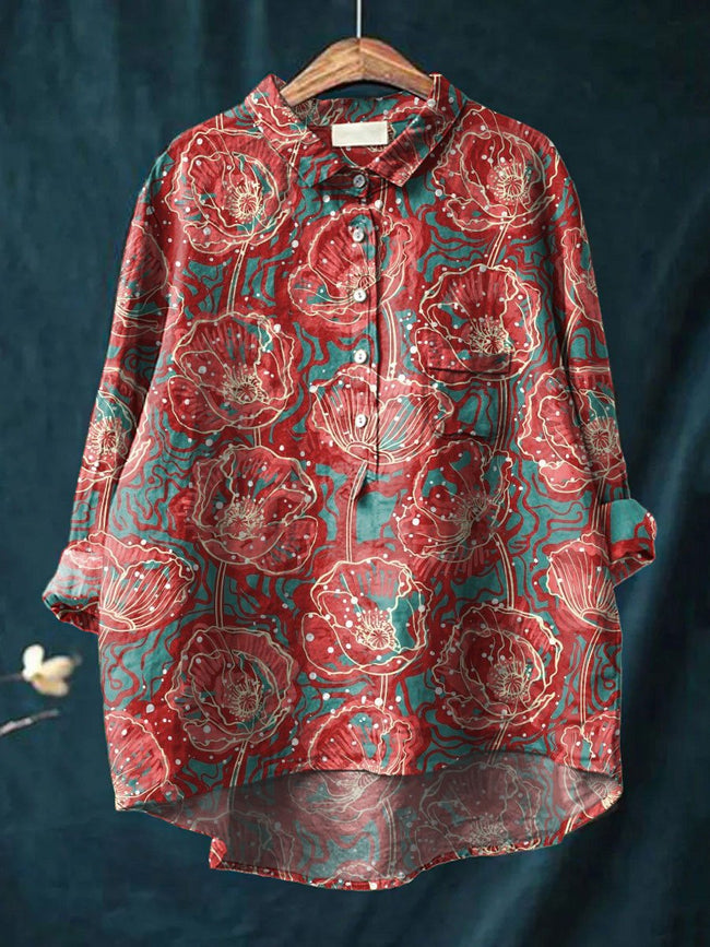 Women’s Flower Print Casual Cotton And Linen Shirt Multicolor / S