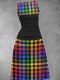 Women's Rainbow Black Plaid Gradient Art Design Maxi Dress